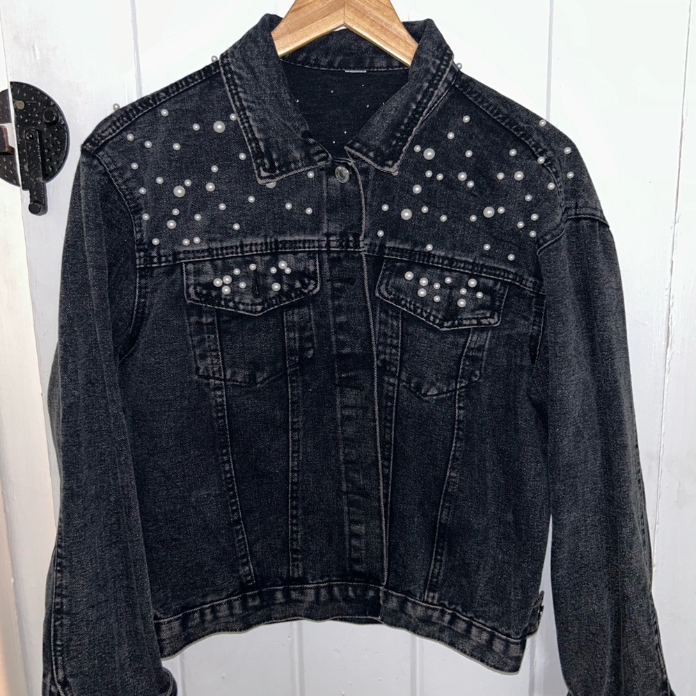 Black jean jacket with pearl accents